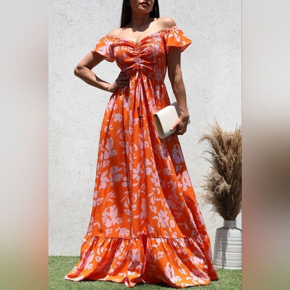 Orange Smocked Top Off Shoulder Maxi Dress - Picture 1 of 4